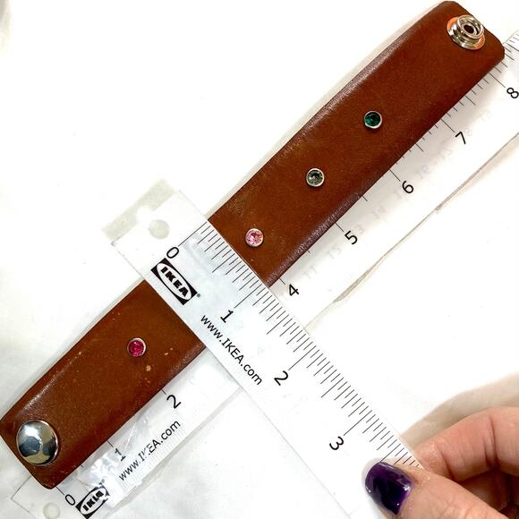 Upcycled crystal leather cuff bracelet made from glove tanned cowhide belt - Picture 4 of 7